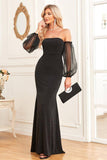 Detachable Sleeves Black Sheath Sparkly Formal Dress