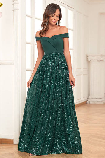 A-Line Off the Shoulder Dark Green Formal Dress With Sequins