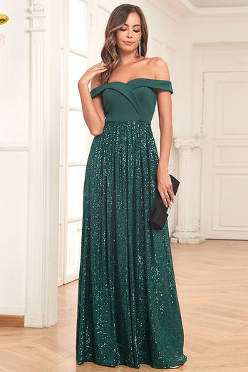 A-Line Off the Shoulder Dark Green Formal Dress With Sequins