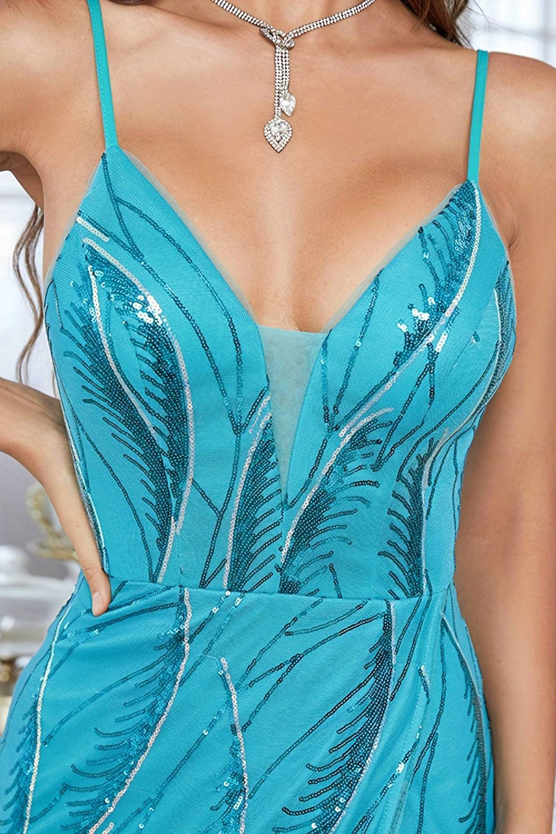 Load image into Gallery viewer, Blue A-Line Spaghetti Straps Sequins Formal Dress With Slit
