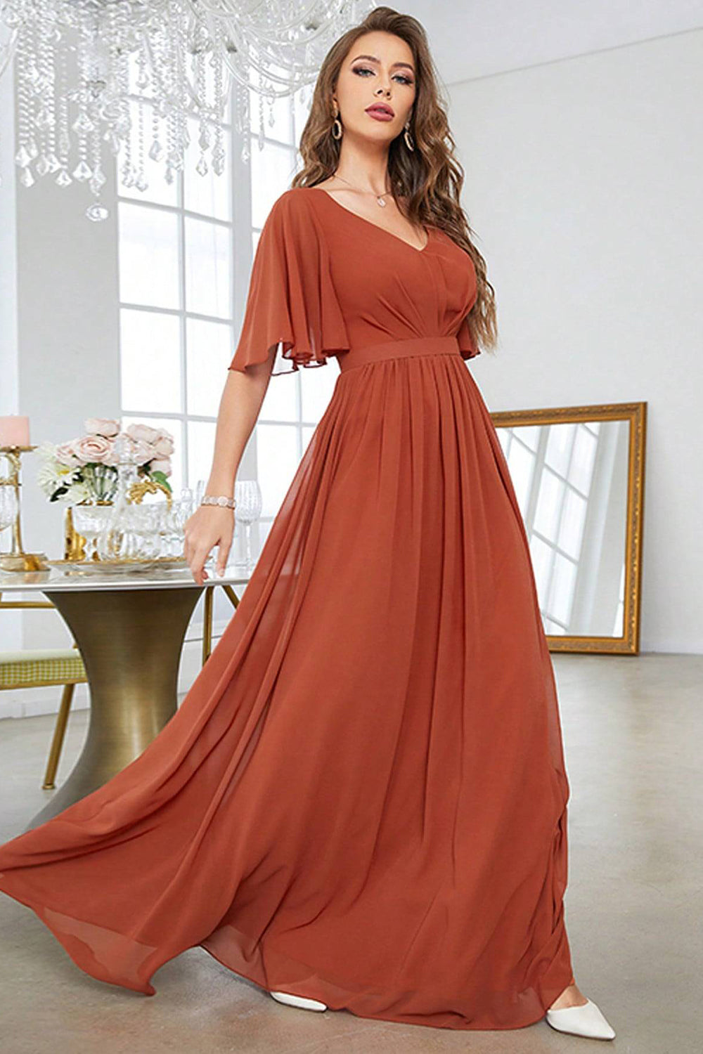 Brick Red A-Line V-Neck Pleated Formal Dress With Short Sleeves