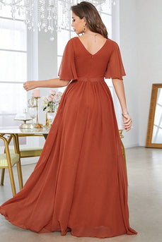 Brick Red A-Line V-Neck Pleated Formal Dress With Short Sleeves