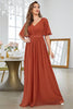 Load image into Gallery viewer, Brick Red A-Line V-Neck Pleated Formal Dress With Short Sleeves