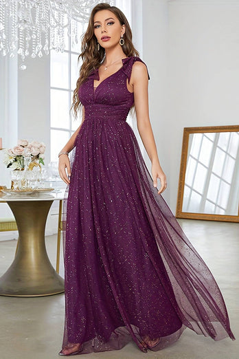 A-Line V-Neck Sequins Purple Formal Dress With Sleeveless