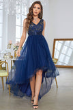 Dark Blue Asymmetrical A-Line V-Neck Formal Dress With Sleeveless