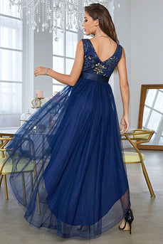 Dark Blue Asymmetrical A-Line V-Neck Formal Dress With Sleeveless