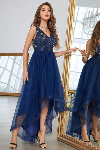 Dark Blue Asymmetrical A-Line V-Neck Formal Dress With Sleeveless