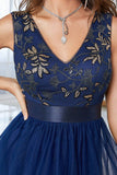 Dark Blue Asymmetrical A-Line V-Neck Formal Dress With Sleeveless