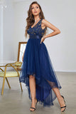 Dark Blue Asymmetrical A-Line V-Neck Formal Dress With Sleeveless