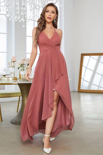 Coral Asymmetrical A-Line Halter Formal Dress With Sleeveless