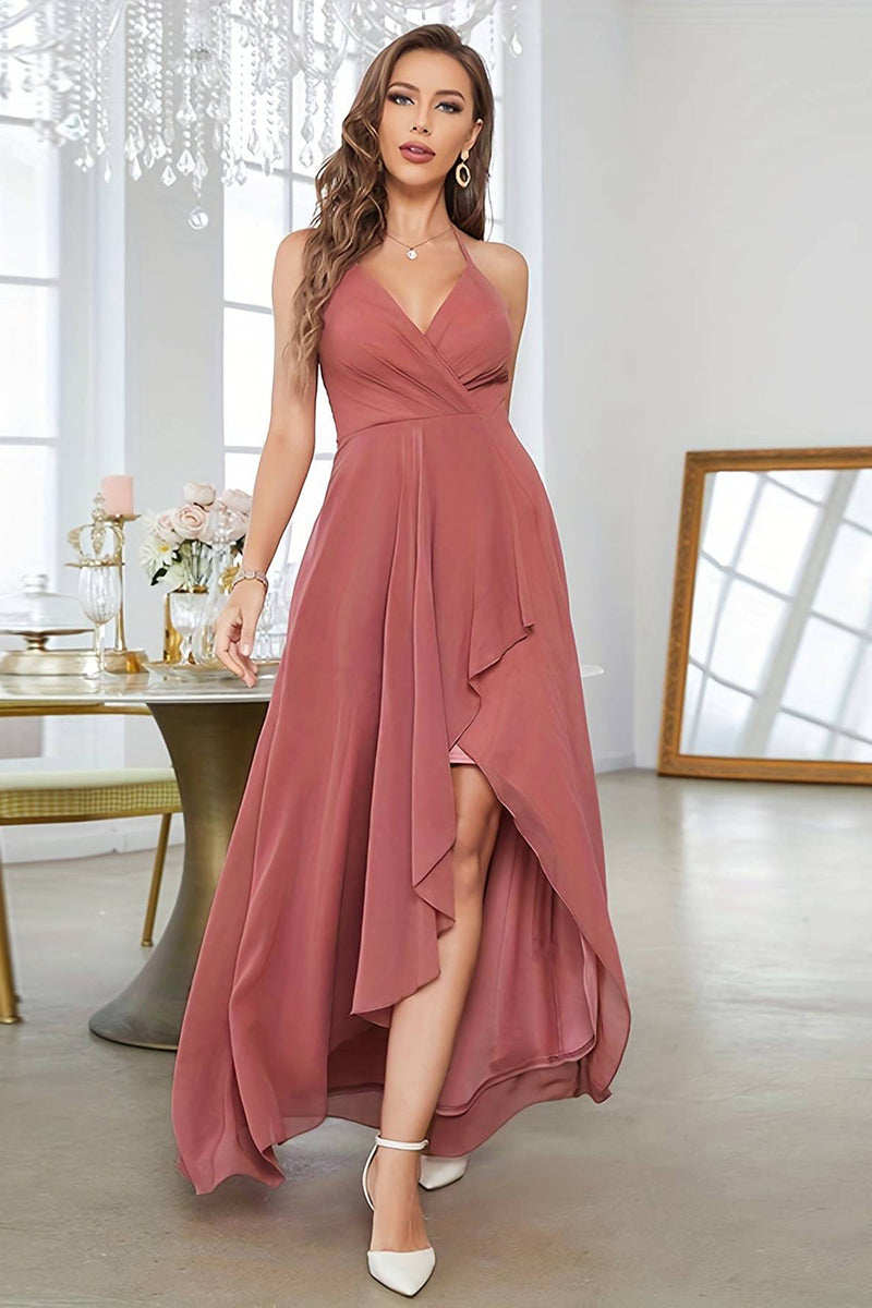 Load image into Gallery viewer, Coral Asymmetrical A-Line Halter Formal Dress With Sleeveless