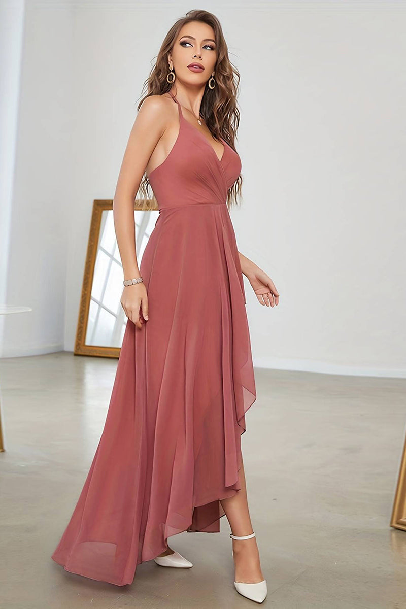 Load image into Gallery viewer, Coral Asymmetrical A-Line Halter Formal Dress With Sleeveless