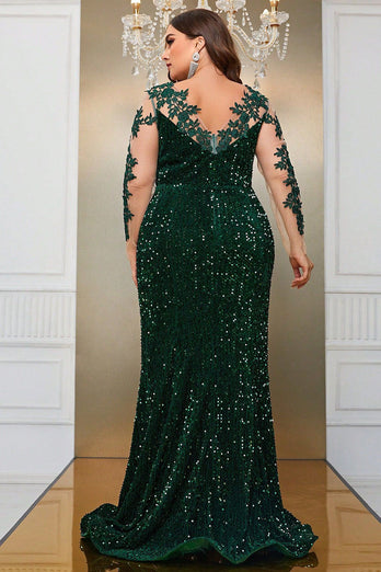 Dark Green Mermaid Plus Size Sequin Formal Dress with Appliques