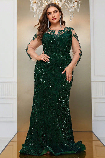 Dark Green Mermaid Plus Size Sequin Formal Dress with Appliques