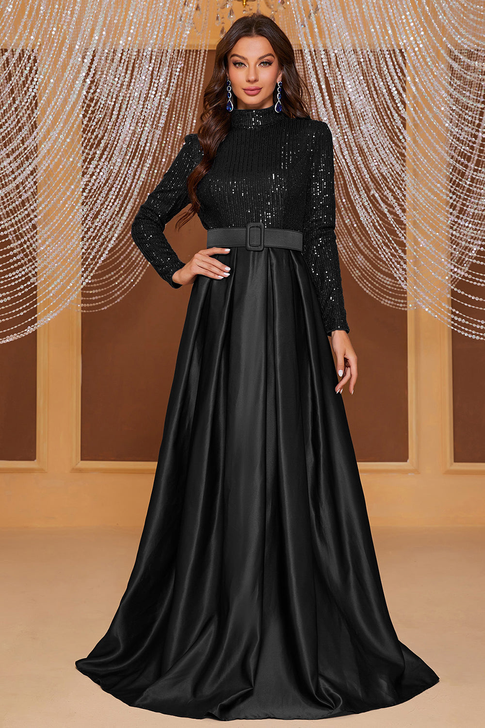 Black A Line High Neck Long Formal Dress with Sequins