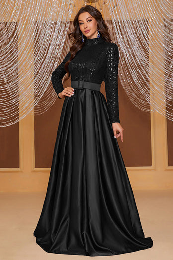Black A Line High Neck Long Formal Dress with Sequins