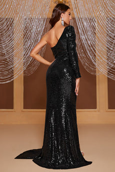 Mermaid One Shoulder Black Long Sequin Formal Dress with Split