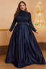 Load image into Gallery viewer, Navy A Line High Neck Long Sleeves Plus Size Formal Dress with Sequins