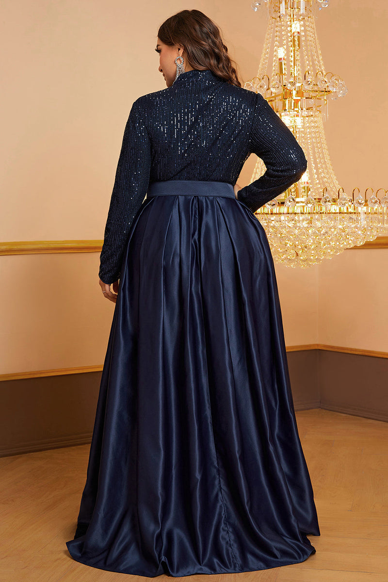 Load image into Gallery viewer, Navy A Line High Neck Long Sleeves Plus Size Formal Dress with Sequins