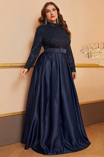 Navy A Line High Neck Long Sleeves Plus Size Formal Dress with Sequins