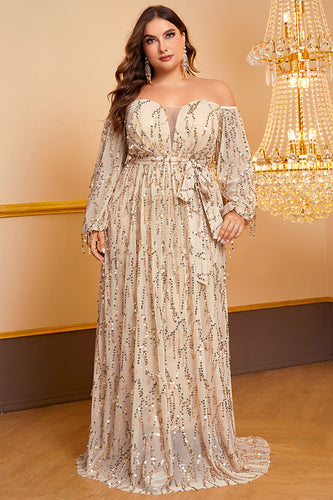 A-Line Champagne Off The Shoulder Plus Size Formal Dress With Sequins