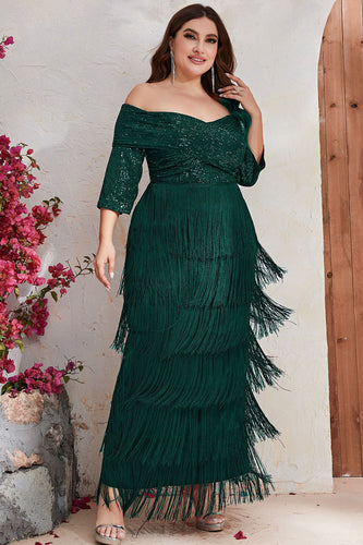 Dark Green Off The Shoulder Plus Size Formal Dress With Fringe