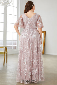 Grey Pink A-Line V-Neck Embroidered Plus Size Formal Dress