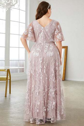 Grey Pink A-Line V-Neck Embroidered Plus Size Formal Dress