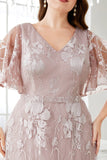 Grey Pink A-Line V-Neck Embroidered Plus Size Formal Dress