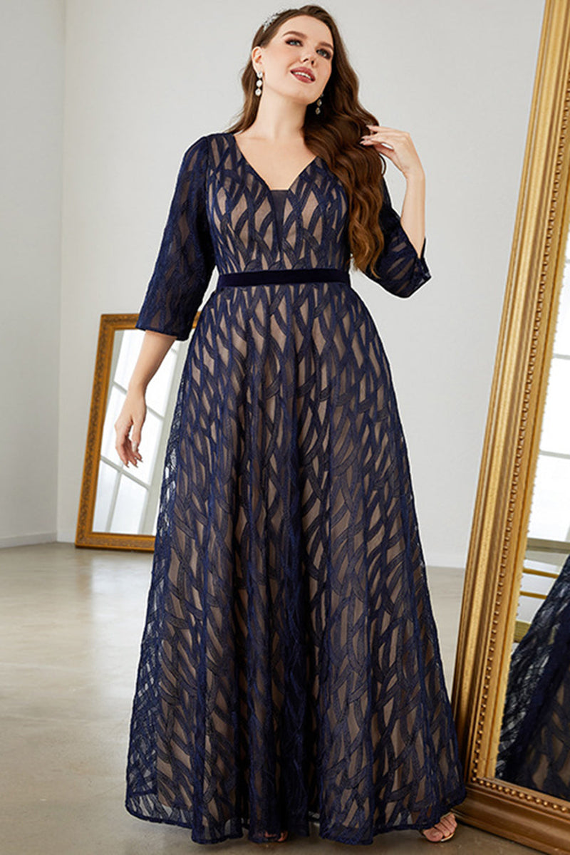 Load image into Gallery viewer, Navy A-Line Plus Size V-Neck Formal Dress
