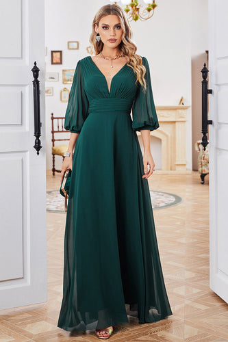 A-Line Dark Green V-Neck Chiffon Long Formal Dress