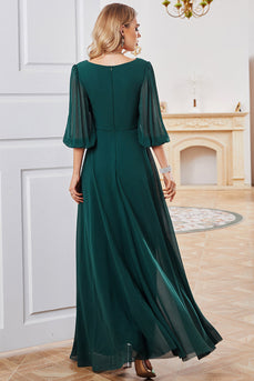 A-Line Dark Green V-Neck Chiffon Long Formal Dress