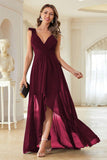 A-Line Burgundy V-Neck Chiffon High Low Formal Dress