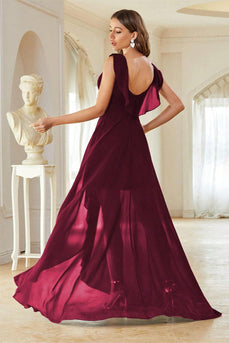 A-Line Burgundy V-Neck Chiffon High Low Formal Dress