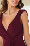 A-Line Burgundy V-Neck Chiffon High Low Formal Dress