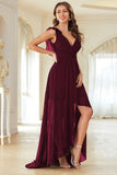 A-Line Burgundy V-Neck Chiffon High Low Formal Dress