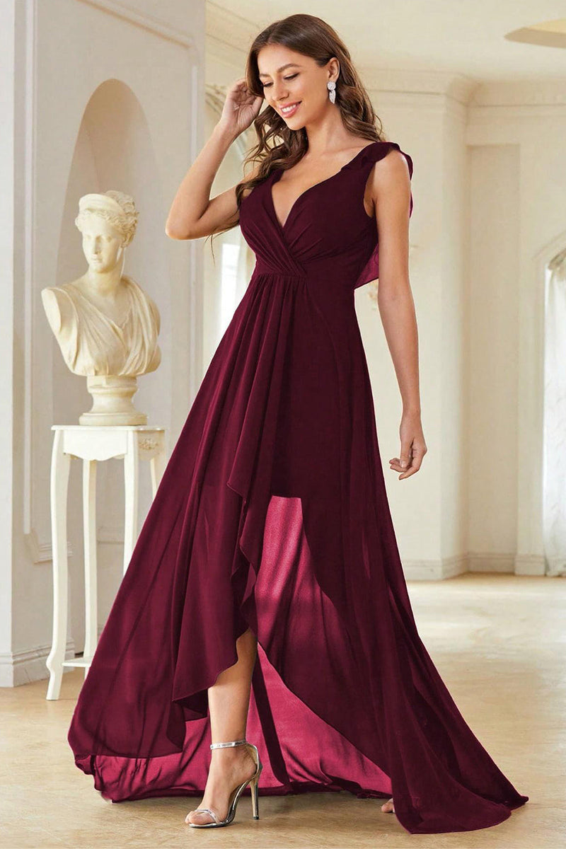Load image into Gallery viewer, A-Line Burgundy V-Neck Chiffon High Low Formal Dress