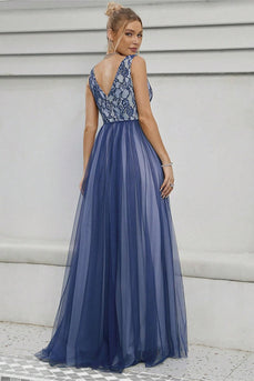 Blue A-Line V-Neck Long Formal Dress