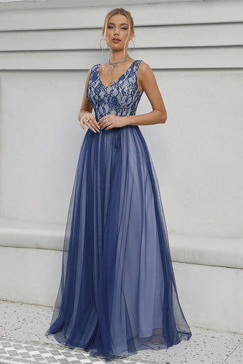 Blue A-Line V-Neck Long Formal Dress