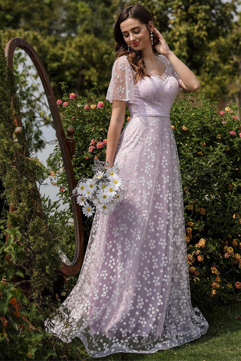Lilac A-Line Tulle Formal Dress with Floral Print