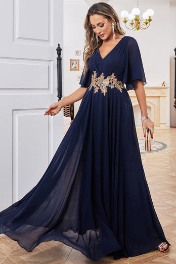 Navy A Line Formal Dress with Appliques
