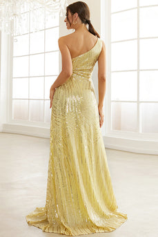 One Shoulder Yellow Sparkly Mermaid Formal Dress with Slit