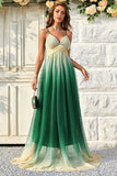 Green Gradient Spaghetti Straps A Line Formal Dress