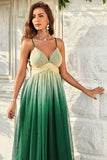 Green Gradient Spaghetti Straps A Line Formal Dress