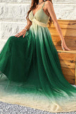 Green Gradient Spaghetti Straps A Line Formal Dress