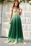 Green Gradient Spaghetti Straps A Line Formal Dress