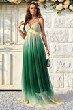 Green Gradient Spaghetti Straps A Line Formal Dress