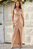 Champagne Sheath Sparkly Formal Dress with Slit