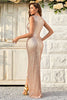 Load image into Gallery viewer, Champagne Sheath Sparkly Formal Dress with Slit