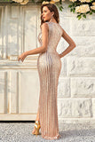 Champagne Sheath Sparkly Formal Dress with Slit